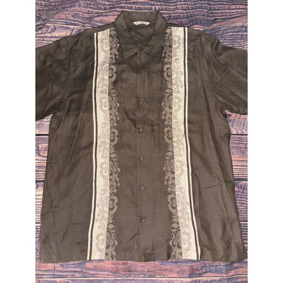 Tommy Bahama Large Brown Silk Embroidered Floral Hawaiian Camp Shirt - Picture 1 of 8